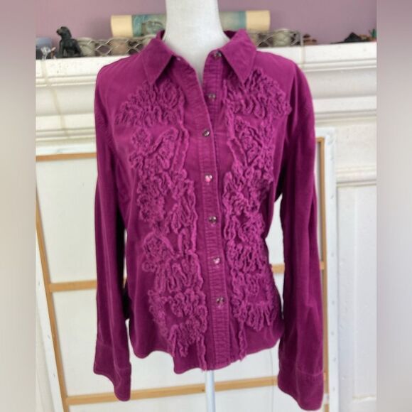Classic Berry Corduroy Western Boho shirt w/ matching snaps & applique detail - Picture 1 of 7